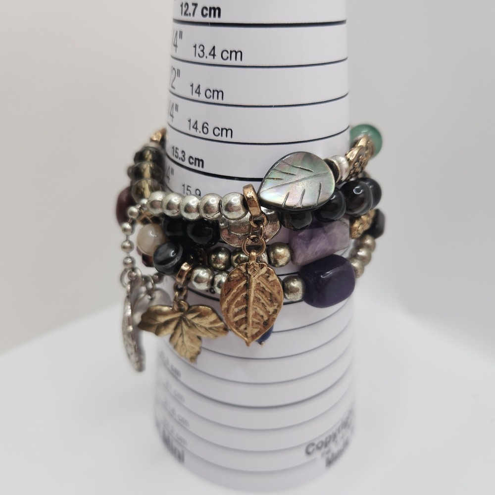 Boho Gemstones Glass Leaf Charms MOP 4 Stretch Bracelets Set Stackable Hippie - Picture 7 of 10